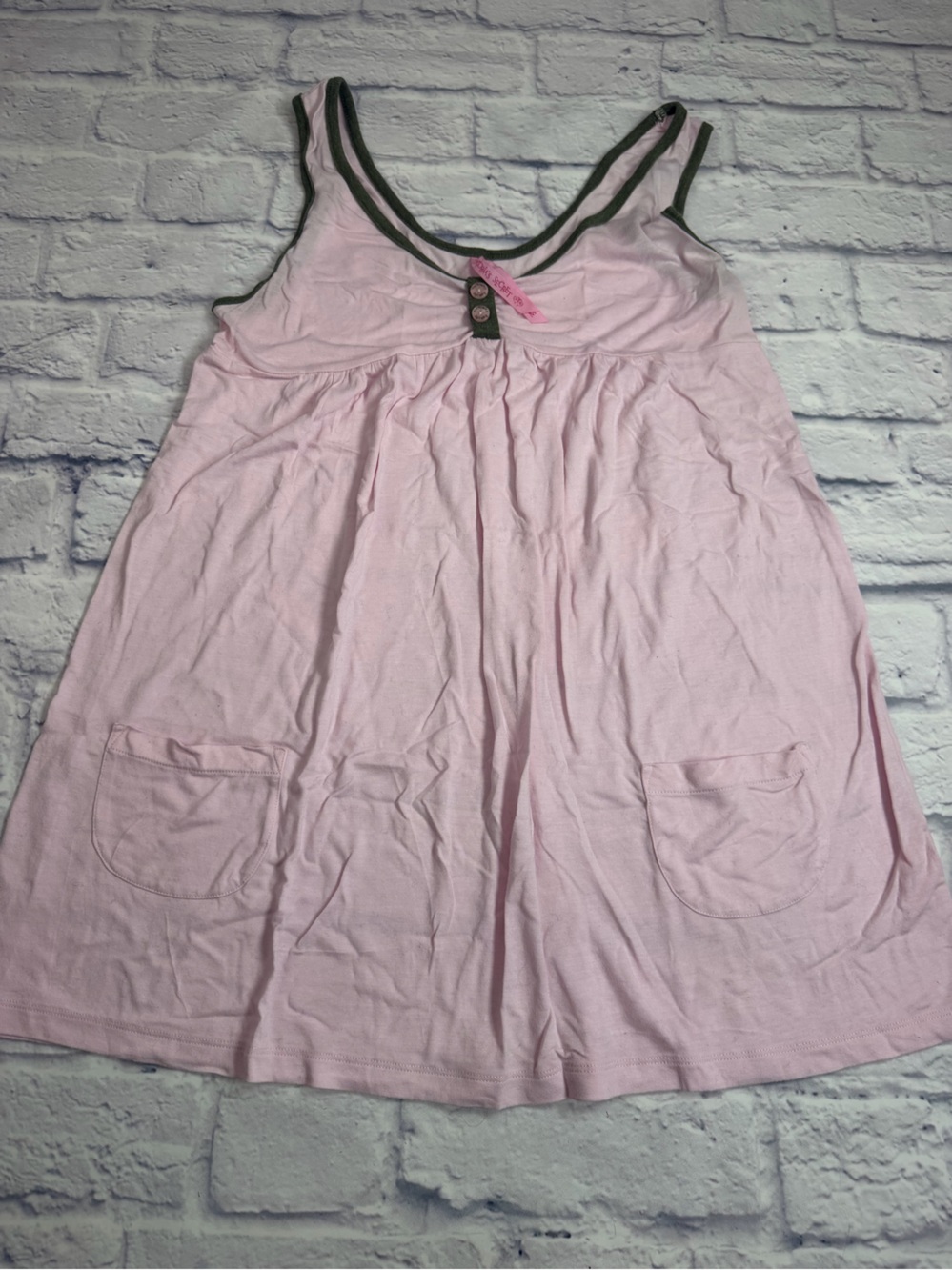 Victoria's Secret Pink Cotton Tank Nightgown with Green Trim. Size Small.